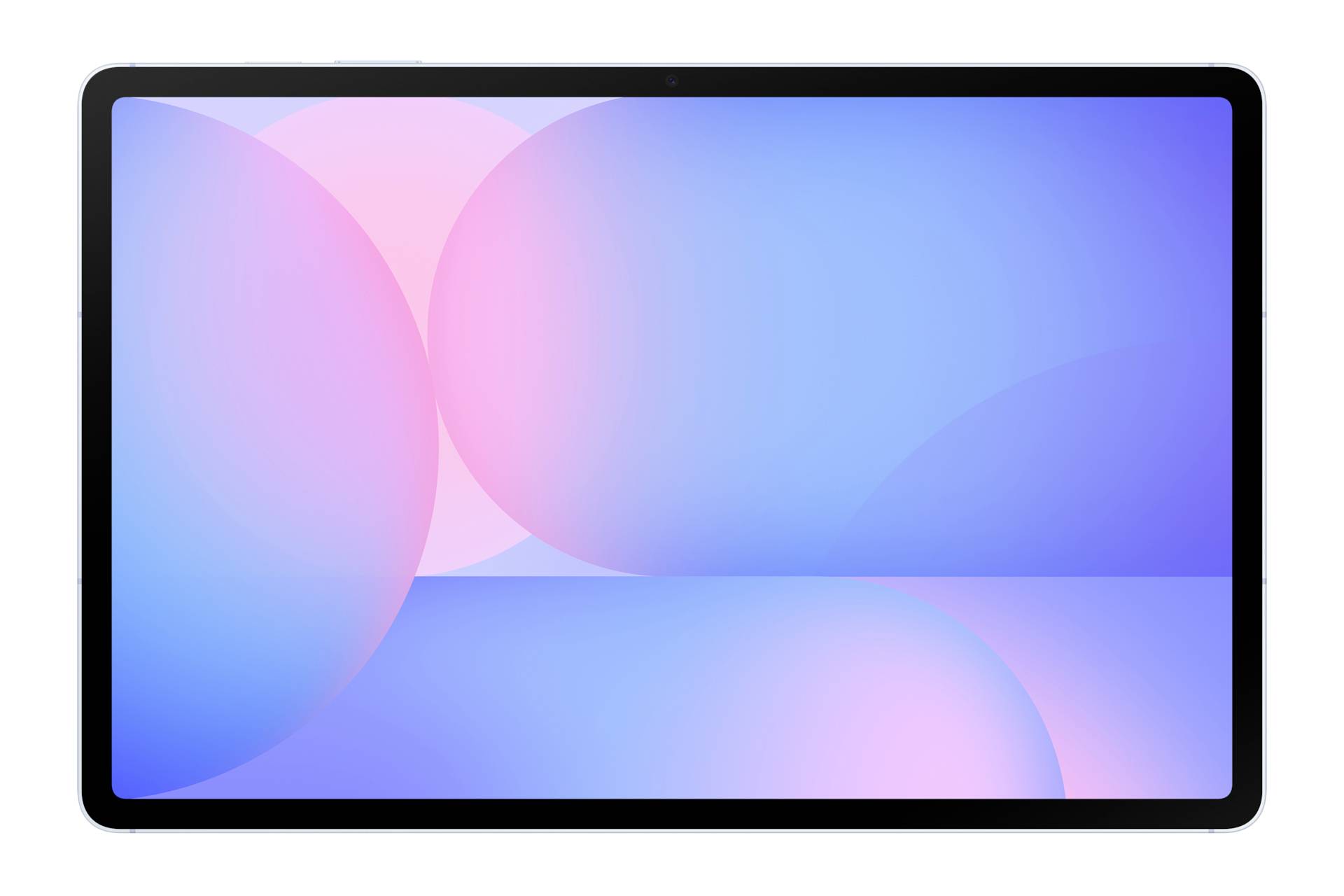 Tablet- oder Monitorbildschirm mit abstraktem blauem und rosafarbenem Farbverlauf-Hintergrundbild mit überlagerten kreisförmigen Formen.
