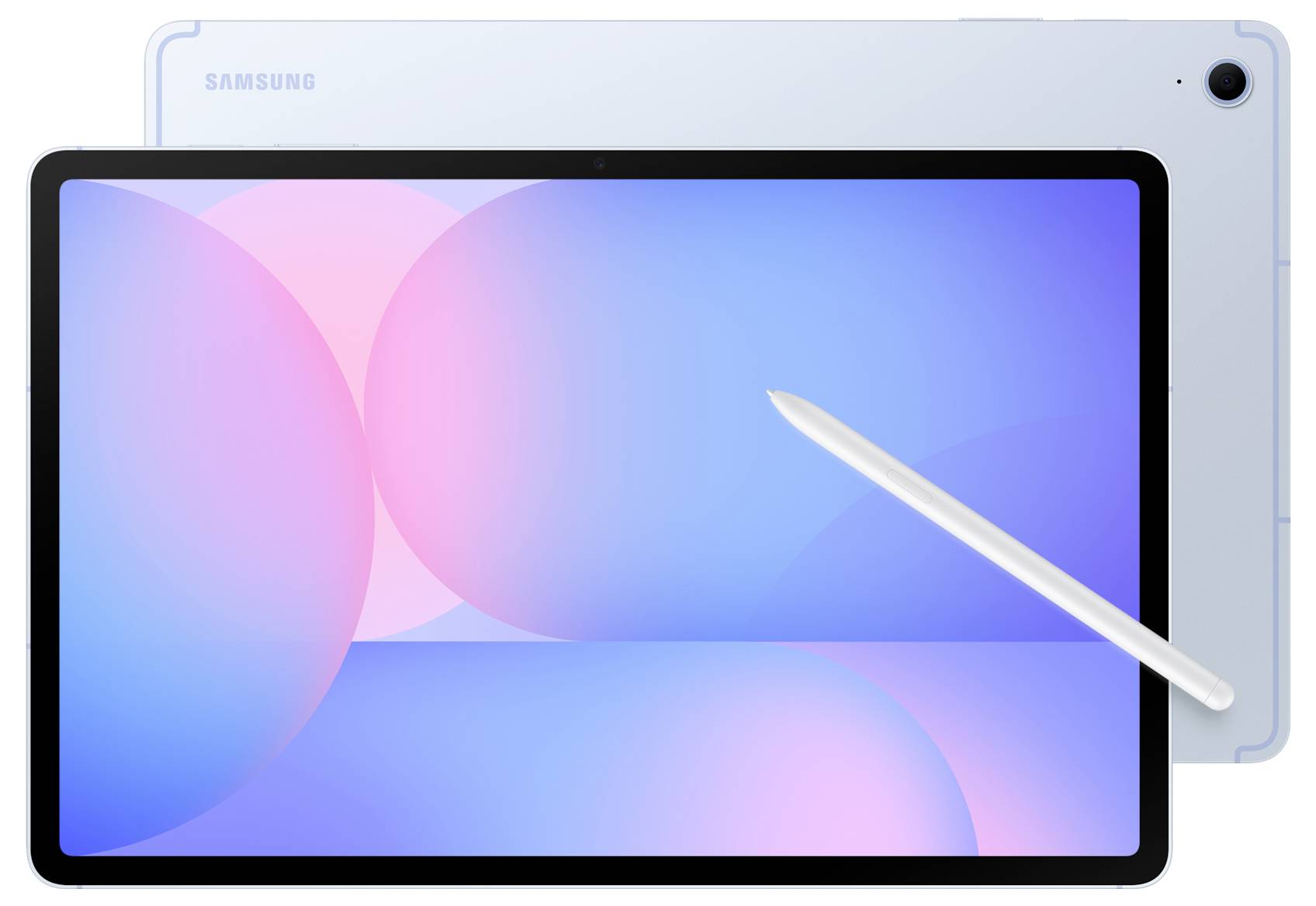 Samsung-Tablet mit Stift vor einer hellblauen Rückansicht des Geräts.