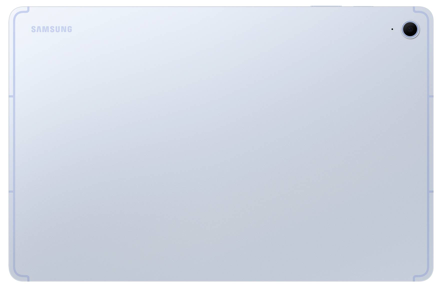 Rückseite eines hellblauen Samsung-Tablets mit einer einzelnen Rückenkamera in der oberen rechten Ecke.