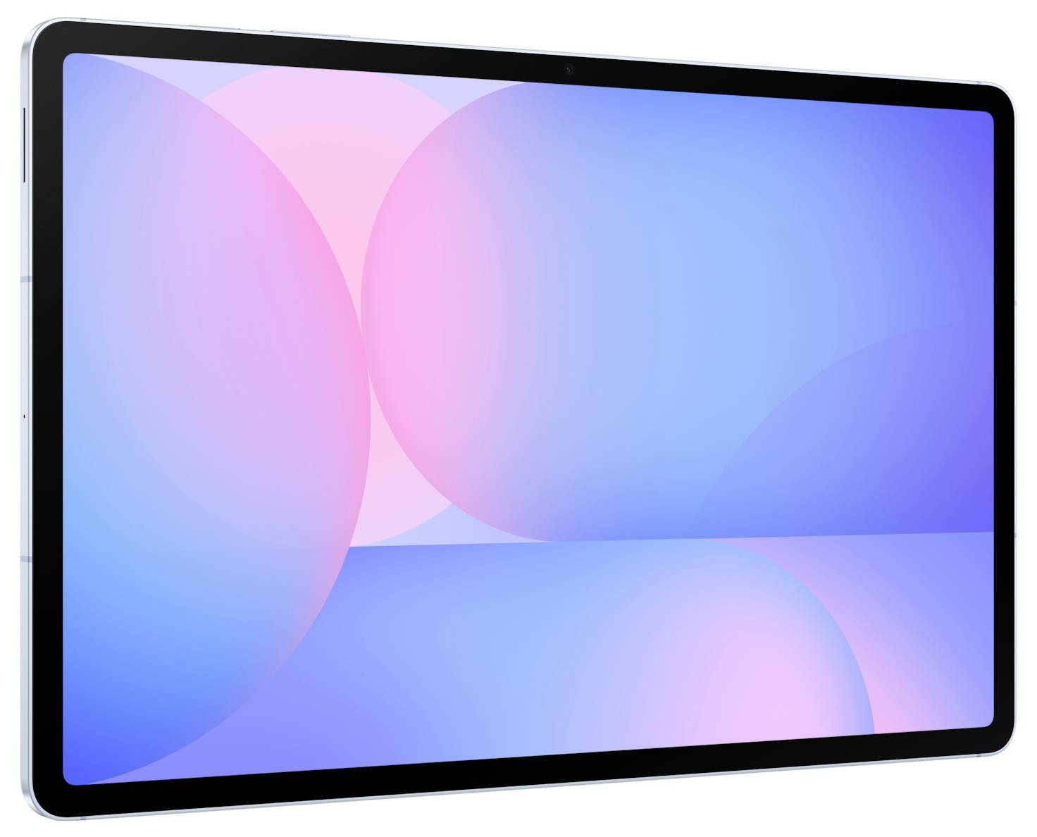 Tablet mit schwarzem Rahmen, das auf weißem Hintergrund ein blaues und rosa abstraktes Hintergrundbild anzeigt.