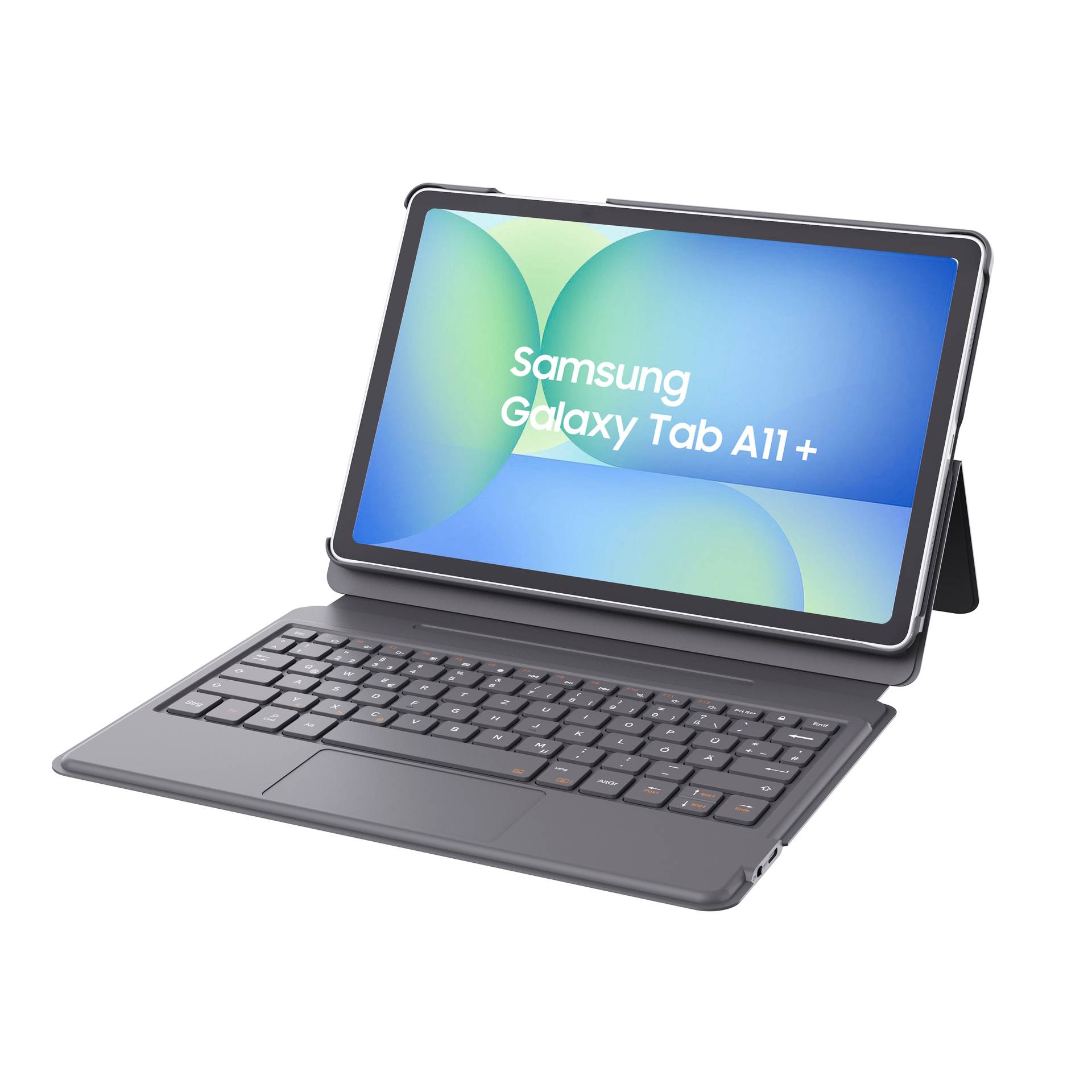 Samsung Galaxy Tab A11+ Tablet, das an einer Tastaturhülle befestigt ist, im Querformat auf einem Ständer angezeigt.