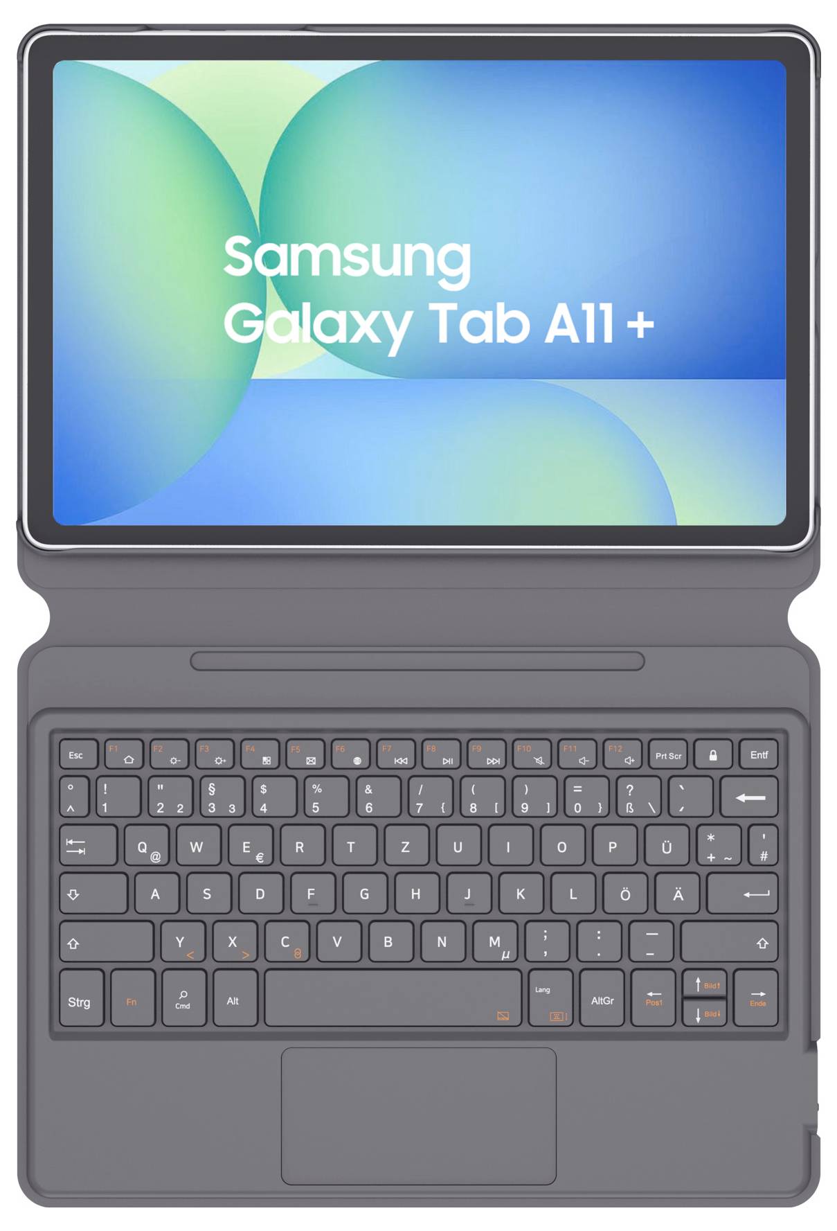 Samsung Galaxy Tab A11+ Tablet gezeigt in einem grauen Tastaturgehäuse mit angebrachtem Trackpad.