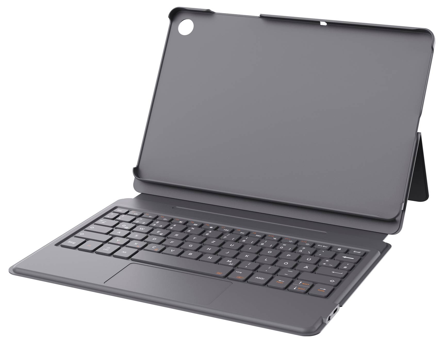 Graues Tablet in einer Folio-Tastaturhülle, geöffnet und im Winkel auf einem schlichten weißen Hintergrund angezeigt.
