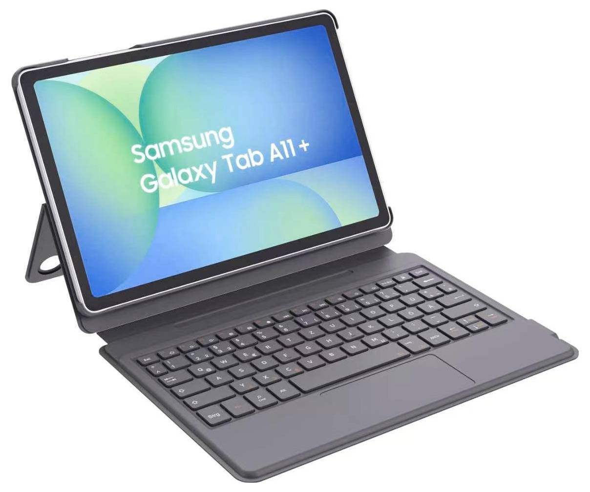 Samsung Galaxy Tab A11+ Tablet in einer Tastaturhülle, geöffnet mit einem abnehmbaren Ständer und Bildschirm mit der Produktbezeichnung.