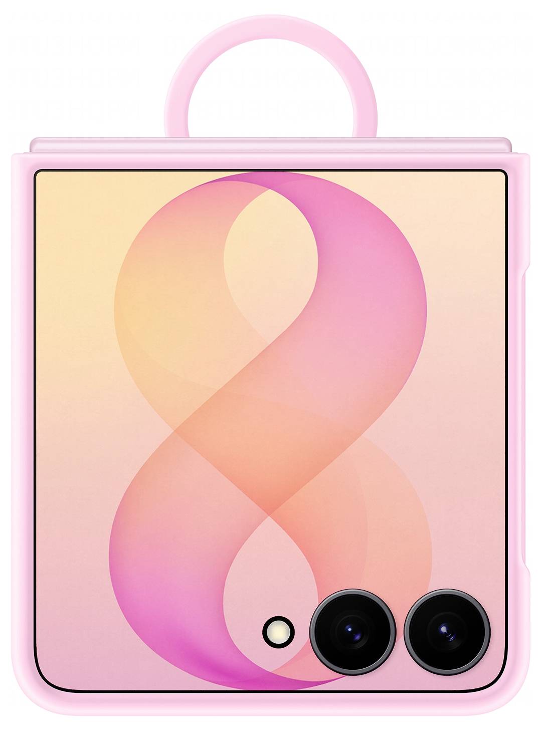 Ein rosa zusammenklappbares Smartphone, geschlossen dargestellt, mit einem weichen Gradientenhintergrund, großem abstraktem 8er-Design und dualen Rückfahrkameras unten rechts.
