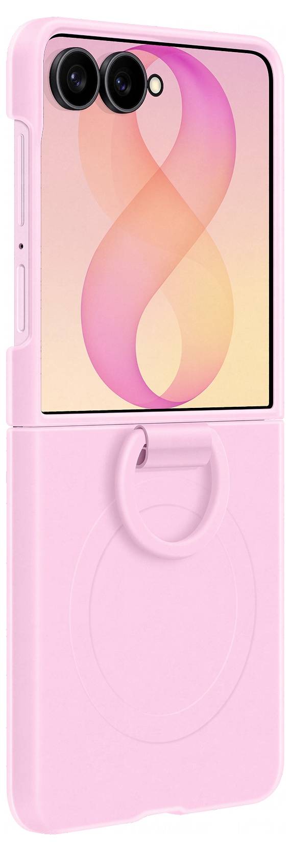 Rosa faltbares Smartphone offen dargestellt, mit Dual-Rückkameras und großem innerem Display mit weich rosa-orangefarbener Bandtapete.