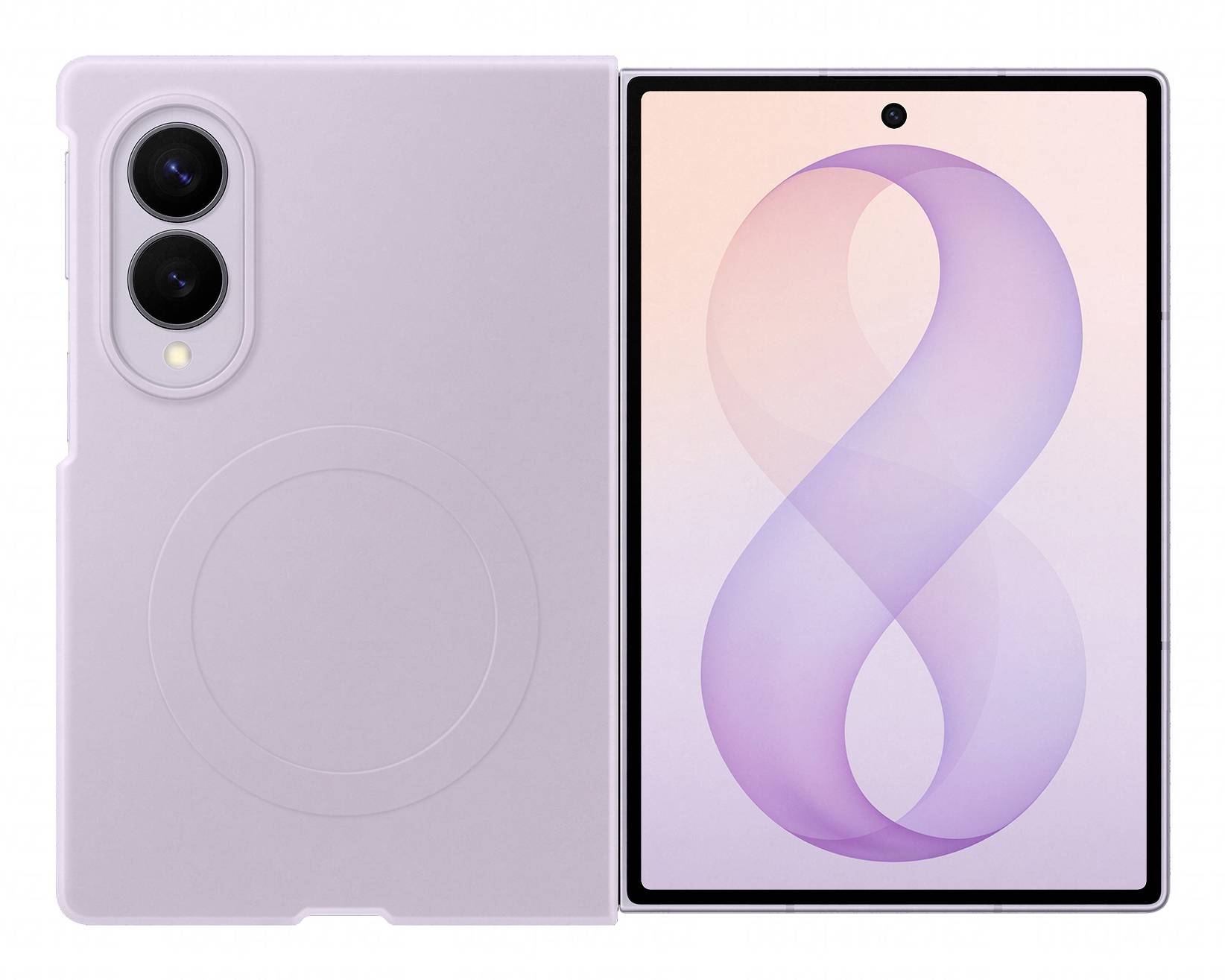 Faltbares Smartphone in Lavendelfarbe, aufgeklappt dargestellt, mit Dualkamerasystem auf der Rückseite und einer pastellfarbenen, unendlichkeitsförmigen Tapete auf dem inneren Display.