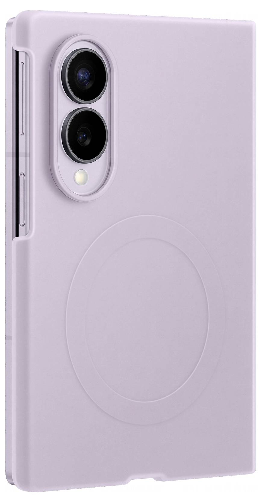 Lavendelsmartphone-Hülle mit zwei hinteren Kameraausschnitten und einem kreisförmigen MagSafe-Ring, von hinten auf weißem Hintergrund gezeigt.