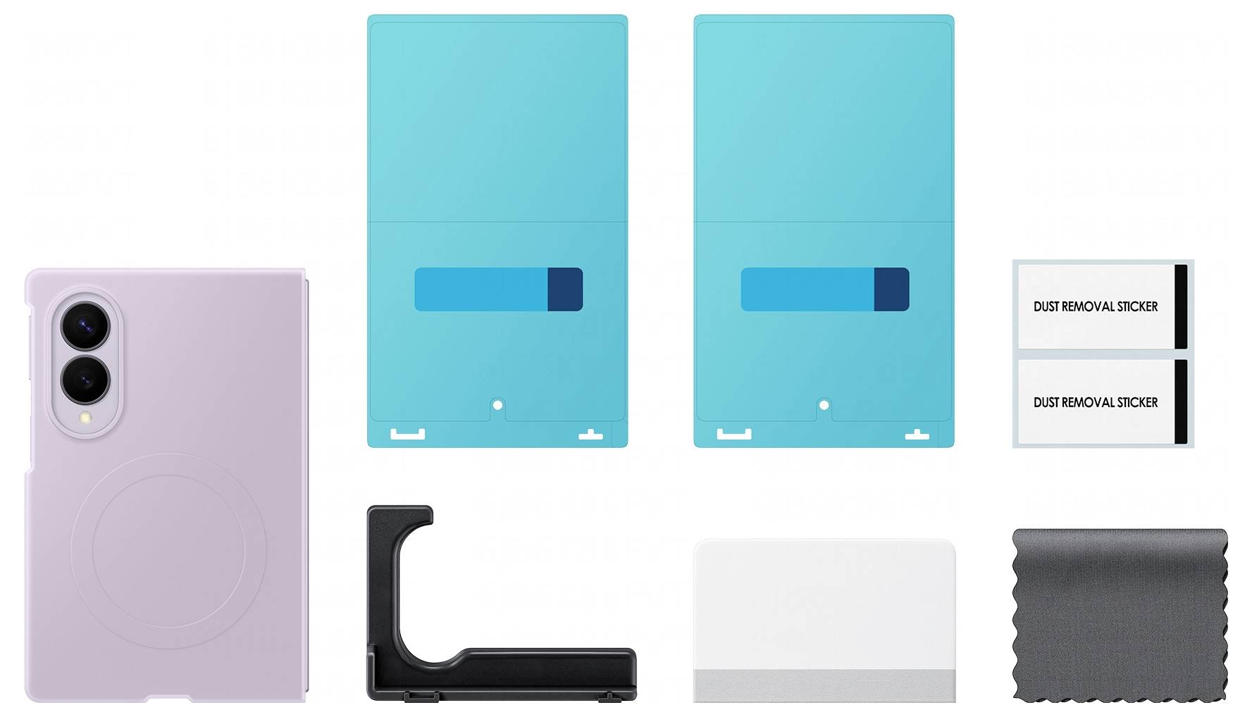 Produktset für eine Handyhülle: eine violette Hülle, zwei blaue Displayschutzfolien, zwei Staubentfernungssticker, ein Installationsrahmen, eine weiße Karte und ein Reinigungstuch.