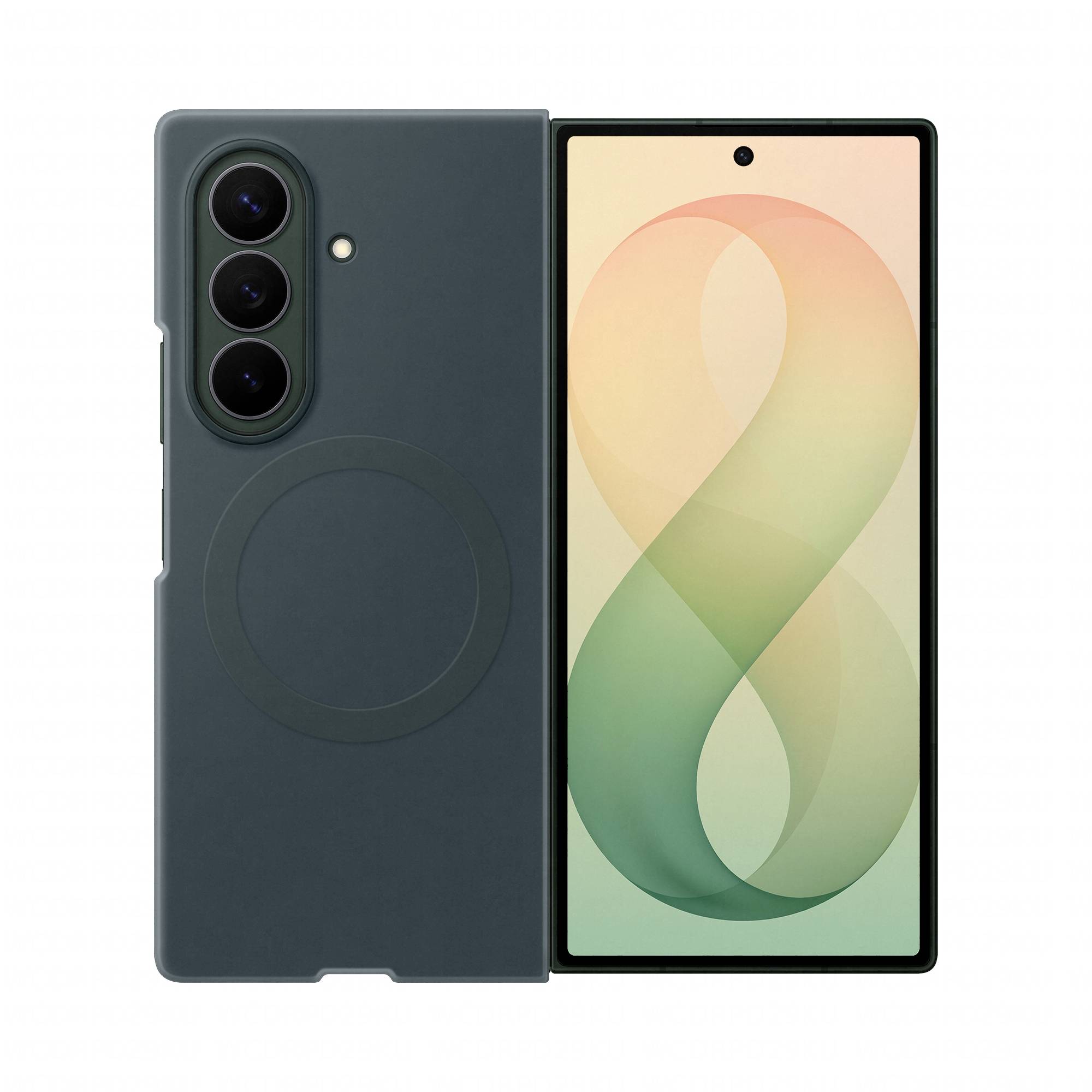 Faltbares Smartphone aufgeklappt gezeigt, mit einer dunkelgrünen dreifach-Linsen-Rückseite auf der linken Seite und einem großen vorderen Display auf der rechten Seite, das ein buntes abstraktes Tapetenmotiv mit einer „8