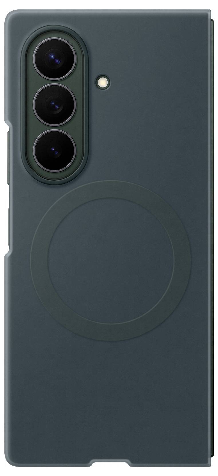 Rückansicht eines dunkelgrünen Smartphone-Schutzkoffers mit dreifachen hinteren Kameraausschnitten, Blitzöffnung und einem schwachen ringförmigen MagSafe-ähnlichen Ring.