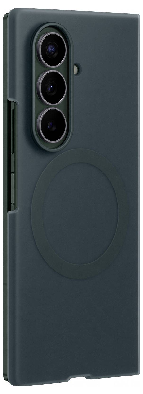 Dunkelgrüne Smartphone-Rückseite mit drei vertikal angeordneten Kameraobjektiven und einem großen kreisförmigen Ring im MagSafe-Stil in der Mitte.