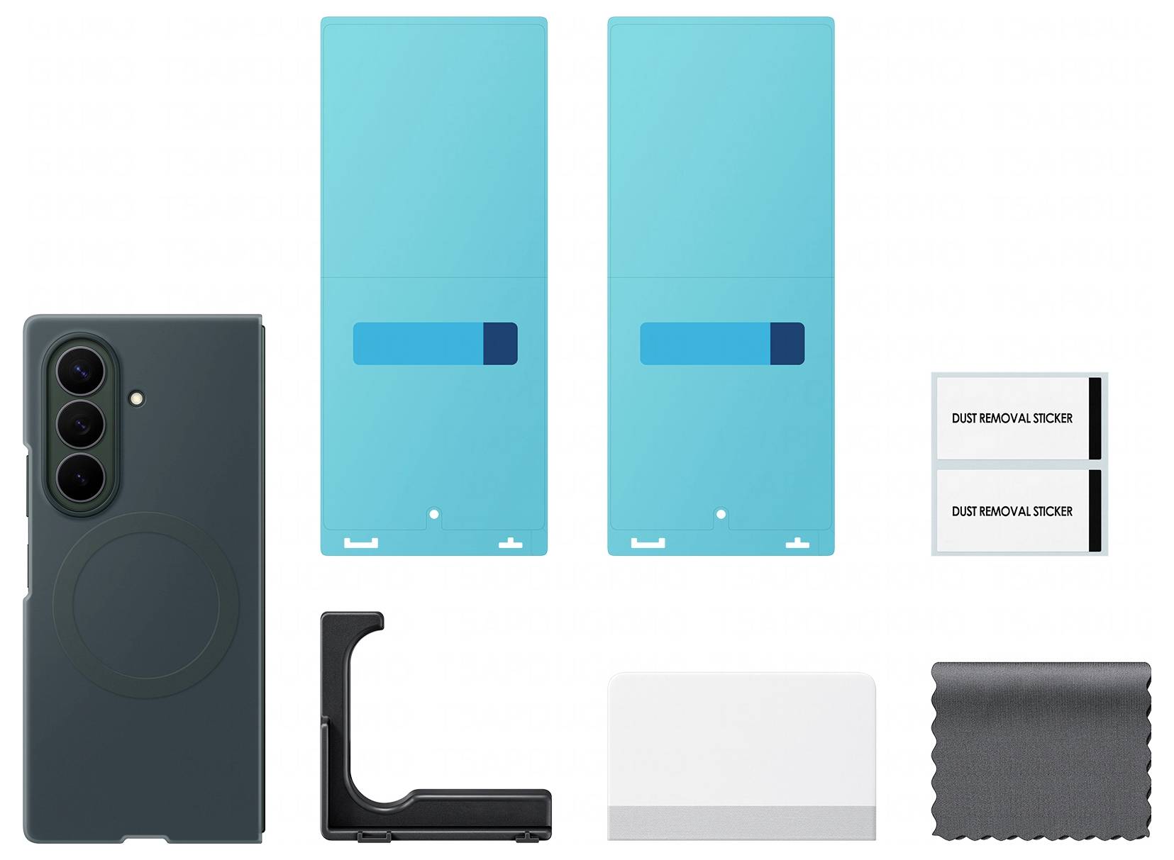 Smartphone-Schutzhülle Set mit dunkler Handyhülle, zwei blauen Schutzfolien zur Installation, Staubentfernungsstickern, einem Eckwerkzeug, weißer Karte und Reinigungstuch.