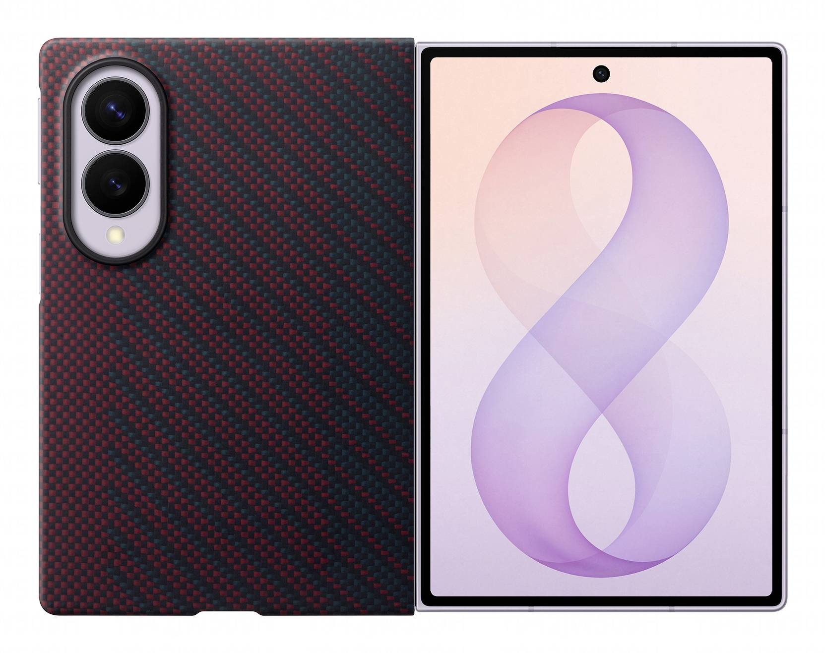 Samsung-Smartphone von vorne und hinten gezeigt, mit einer schwarz-roten strukturierten Hülle und einem pastelllila „8
