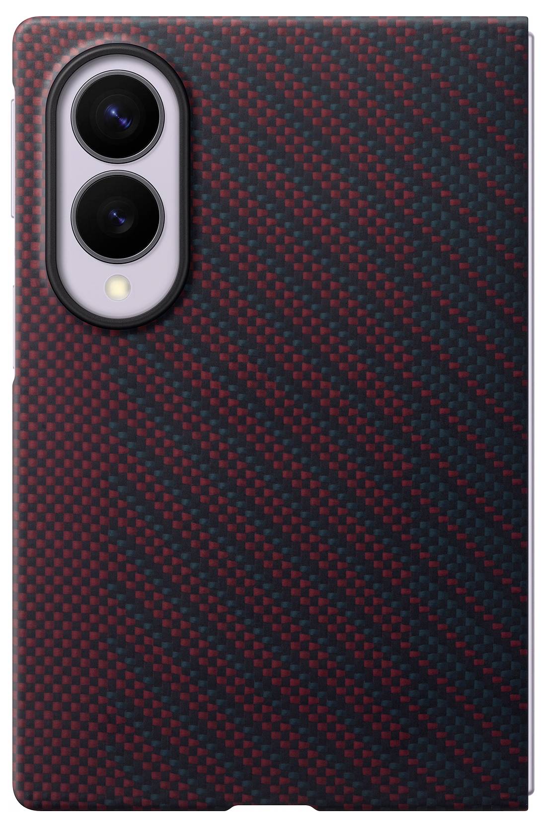 Nahaufnahme der Rückseite eines Smartphones mit einem rot-schwarzen, carbon-faserartigen Gehäuse und Dual-Kameraobjektiven in der oberen linken Ecke.