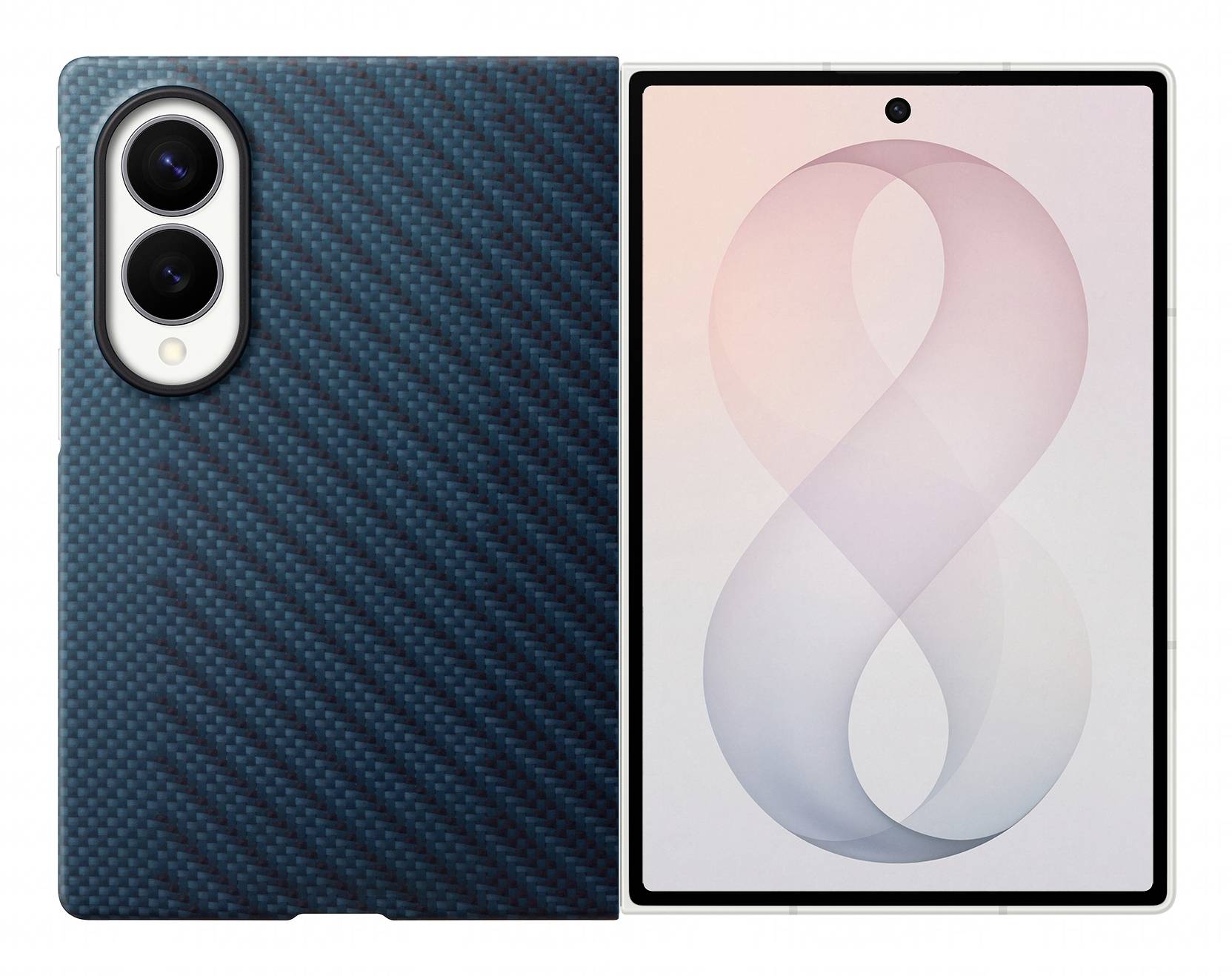 Tablet von vorne und hinten gezeigt mit blauem strukturiertem Gehäuse; der Vorderbildschirm zeigt eine große pastellfarbene „8