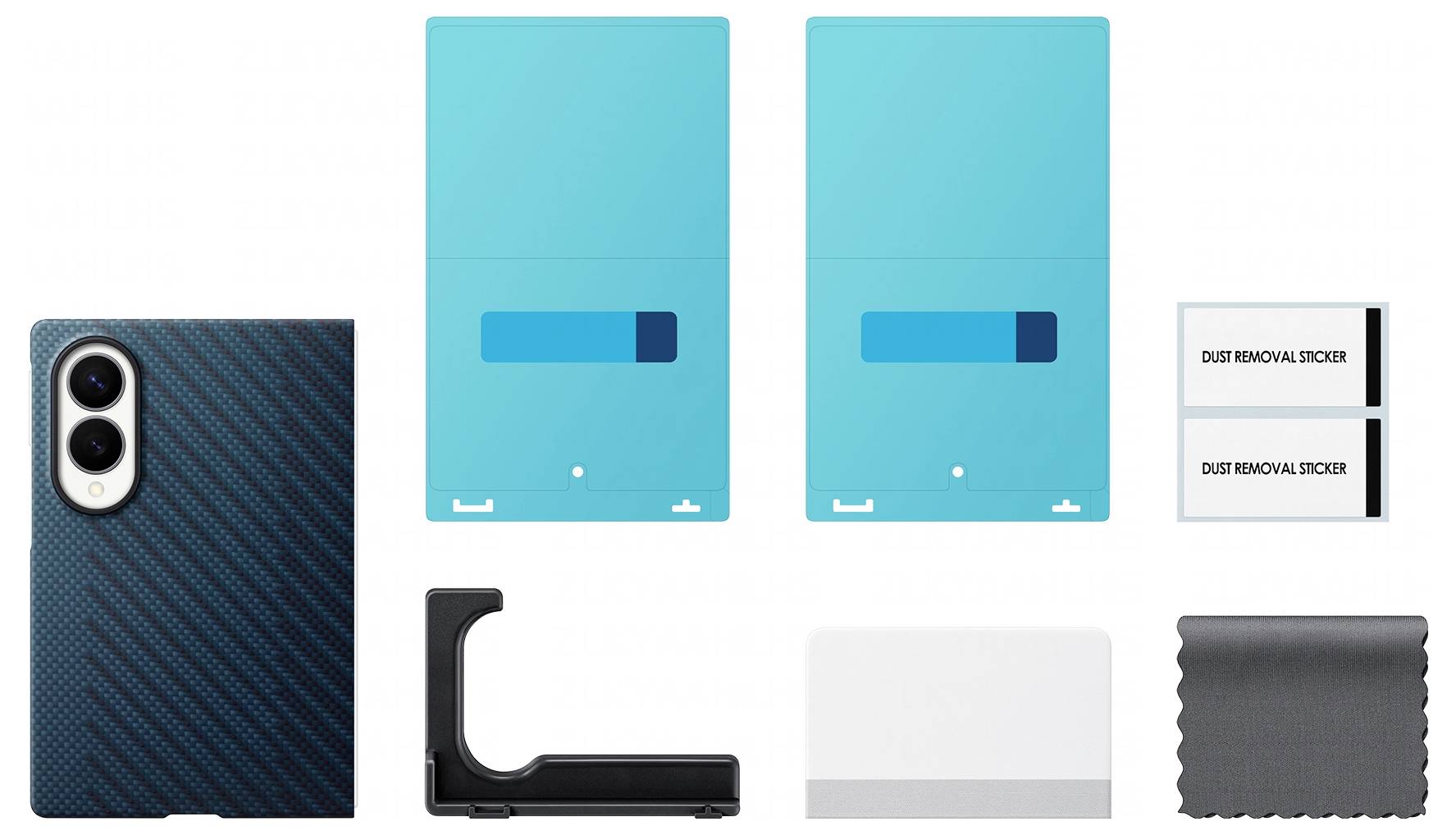 Komponenten des Handy-Schutzfolie-Sets: Carbon-Fiber-Muster-Rückseite, zwei türkisfarbene Displayschutzfolien, Staubentfernungsticker, schwarzer Ausrichtungsrahmen, weiße Karte und graues Mikrofasertuch.
