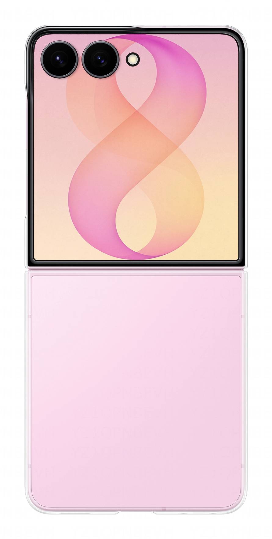Rosafarbiges klappbares Smartphone geöffnet mit Dualkameras auf der Rückseite und großem Cover-Display mit rosaorange-farbigem Bandtapete.