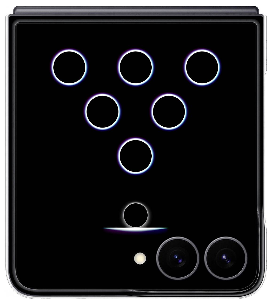 Faltbares Smartphone-Rückseite mit drei Rückfahrkameras: zwei große Objektive unten rechts und ein kleiner Sensor/Blitz darunter, gezeigt auf einer glänzend schwarzen Abdeckung mit kreisförmigen Akzentlichtern.