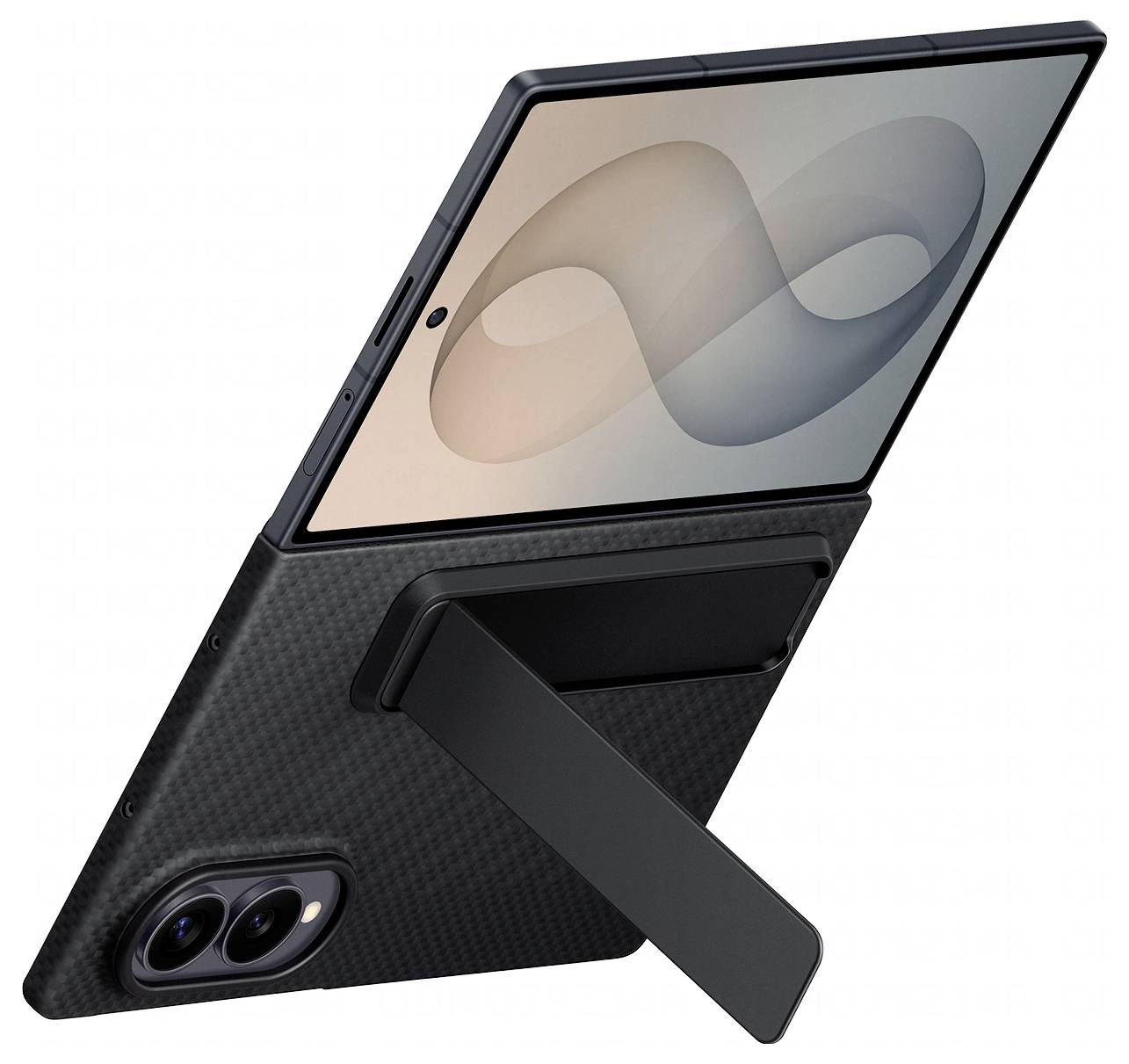 Ein Tablet in einer schwarzen strukturierten Schutzhülle mit integriertem Ständer, in geöffneter Position gezeigt, um den Bildschirm zu stützen.
