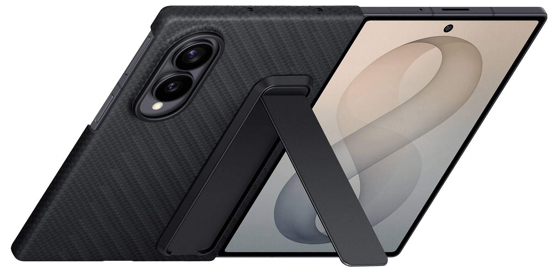 Schwarzes faltbares Smartphone, das teilweise offen in einer Ständerposition gezeigt wird und ein großes inneres Display mit Dual-Rückkameras aufweist.