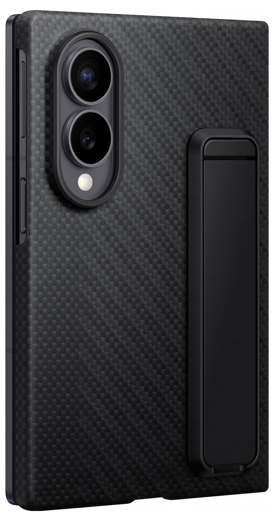 Schwarze strukturierte Smartphone-Schutzhülle mit doppeltem Kamera-Ausschnitt auf der Rückseite und integriertem horizontalen Ständer