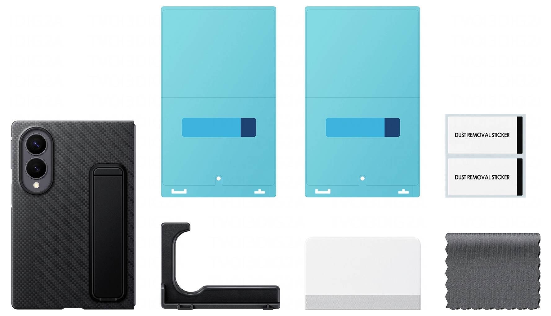 Telefongehäuse-Set mit schwarzem strukturiertem Gehäuse, zwei blauen Installationsschalen, Staubentfernungsstickern, einem Rahmenwerkzeug, Reinigungstuch und Anleitekarte.