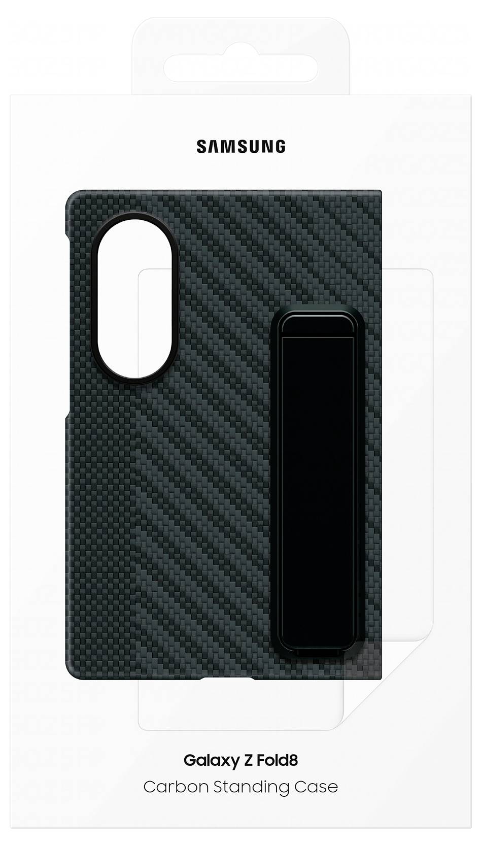 Samsung Galaxy Z Fold8 Kohlefaser-Ständer-Schutzhülle in Schwarz, abgebildet auf Einzelhandelverpackung.