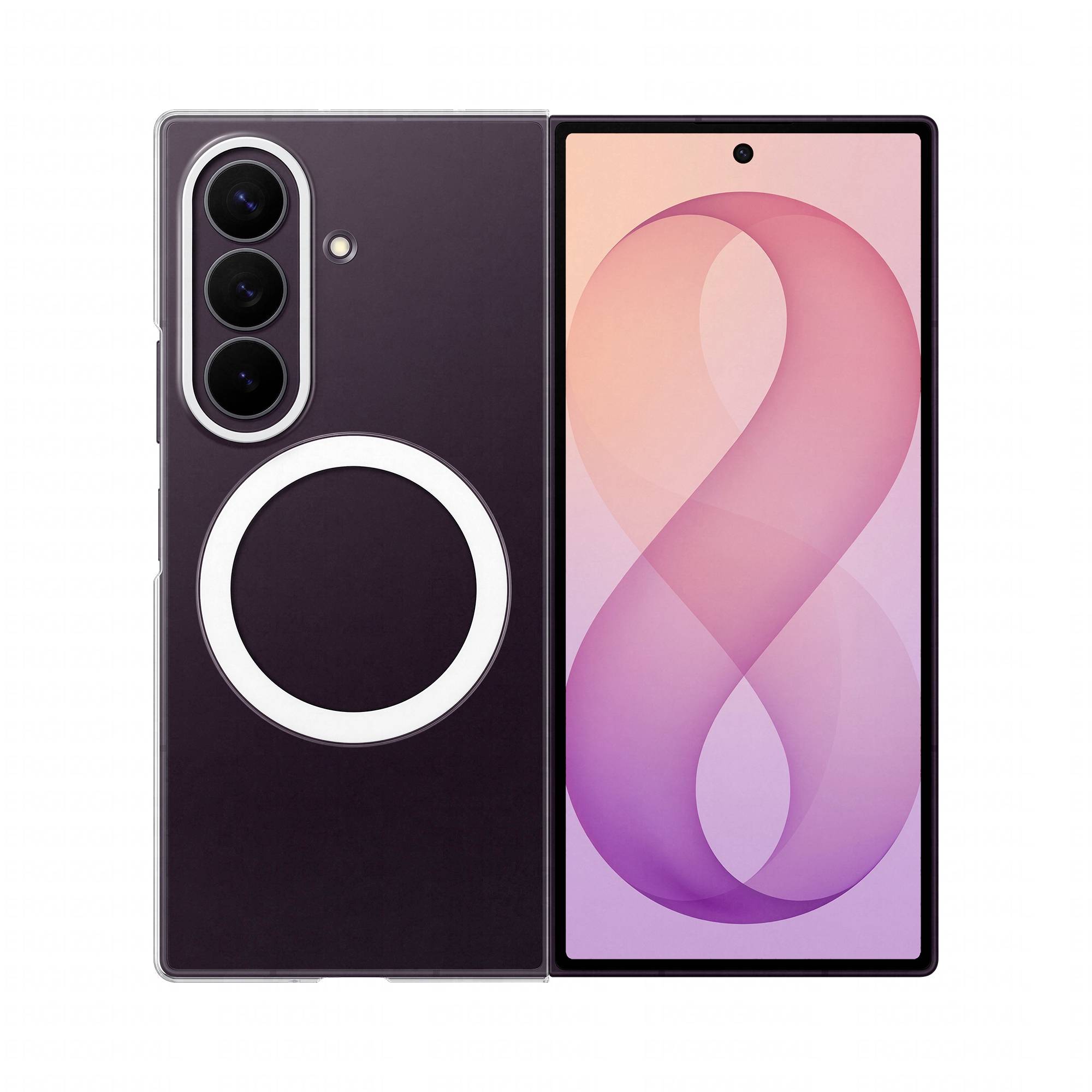 Faltbares Smartphone, das geöffnet gezeigt wird, mit einer dreifachen Rückfahrtkamera und großem kreisförmigem Wireless-Charging-Ring auf der Rückseite; das Frontdisplay zeigt ein rosa-violettes abstraktes Hintergrundbild.