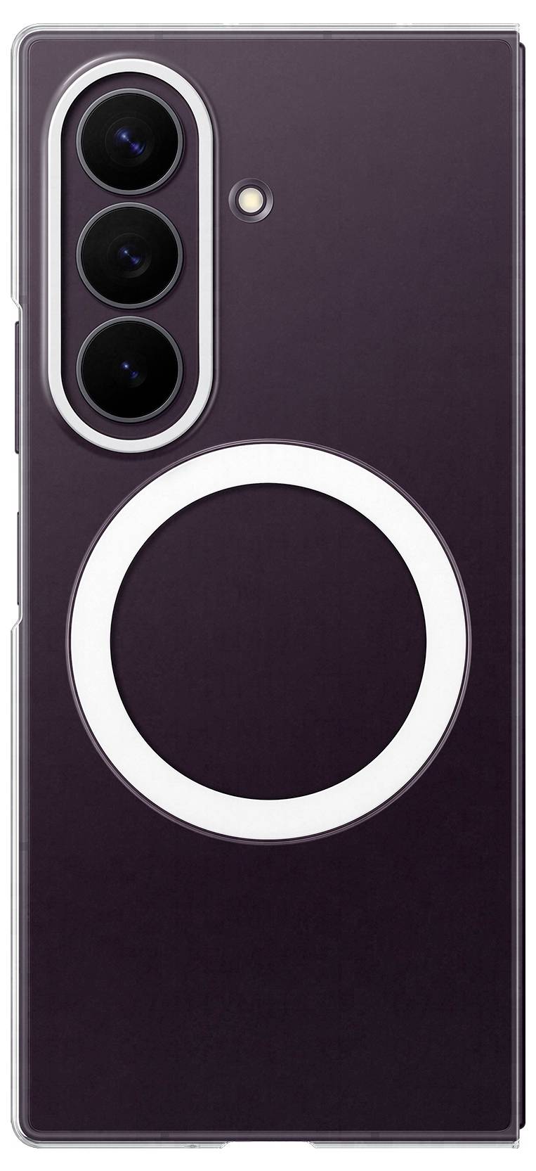Rückseite eines dunkelvioletten Smartphones mit drei rearCamera in einem vertikalen Streifen und einem großen weißen, zentrierten MagSafe-Ring darunter.