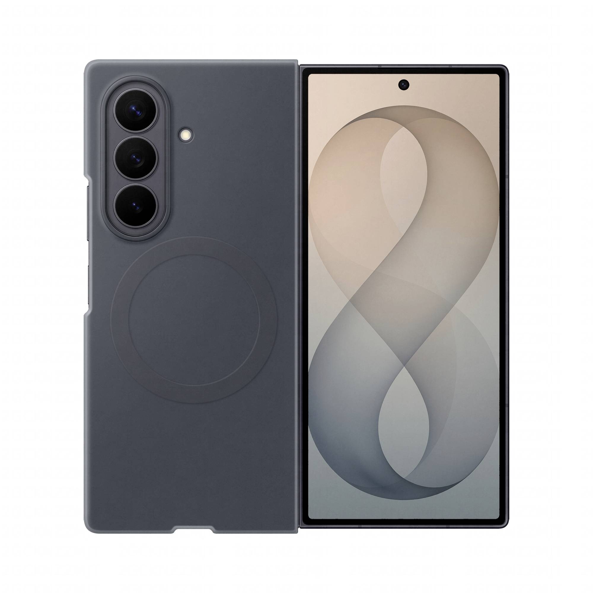 Dunkelgraues Smartphone von vorne und hinten gezeigt, mit Dreifach-Kameramodul auf der Rückseite und zentriertem Punch-Hole-Display.