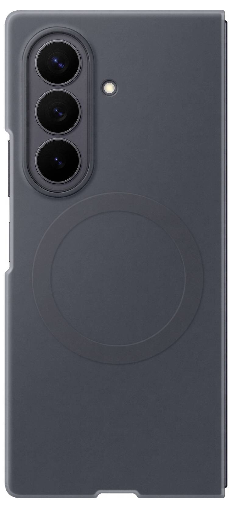 Dunkelgraue Smartphone-Hülle mit drei Kameraausschnitten auf der Rückseite, einer Blitzöffnung und einem kreisförmigen Ring im MagSafe-Stil auf der Rückseite.