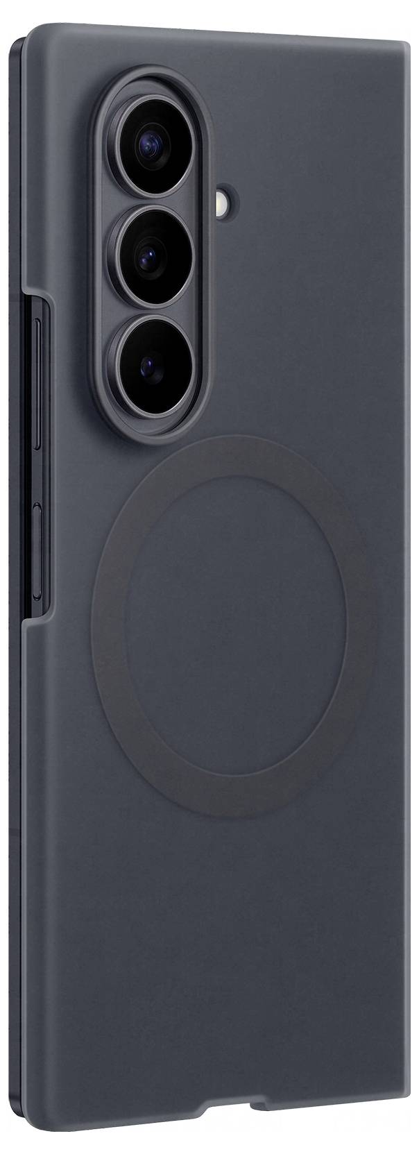 Dunkelgraue Smartphone-Hülle mit dreifachem Kamerasschnitt auf der Rückseite und kreisförmigem MagSafe-Ring auf der Rückseite.