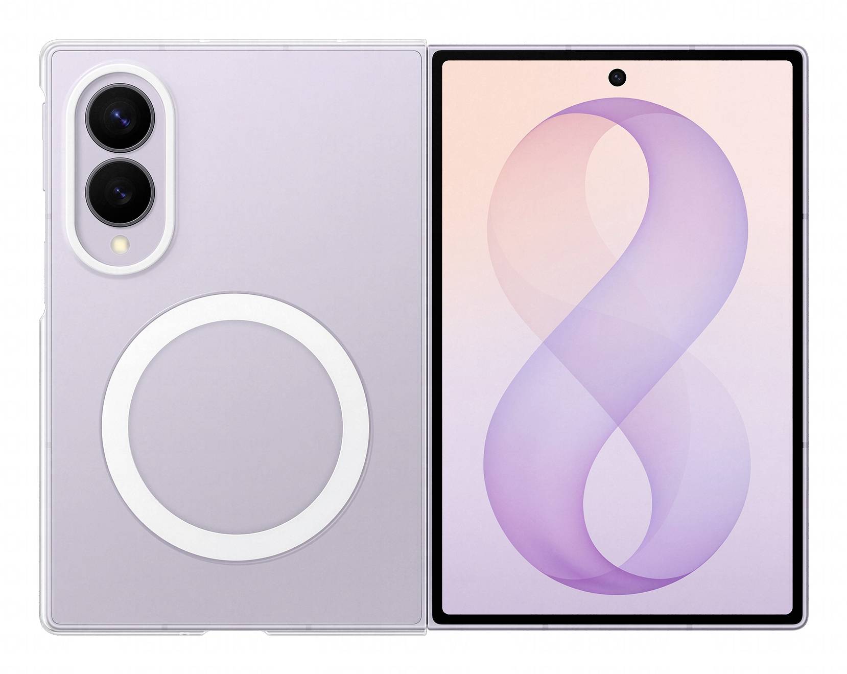 Vorder- und Rückansicht eines faltbaren Smartphones in Lavendelfarbe mit dualen Rückkameras, kreisförmigem Ring auf der Rückseite und dem vorderen Display mit einer purpurroten bandartigen Grafik.