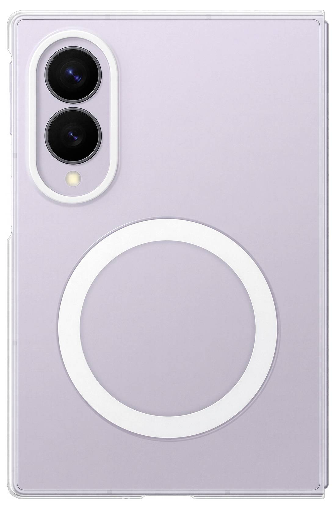 Rückseite eines lavendelfarbenen Smartphones mit dualen Rückkameras in einem vertikalen Modul und einem großen zentrierten weißen Ring, gezeigt in einer durchsichtigen Schutzhülle.