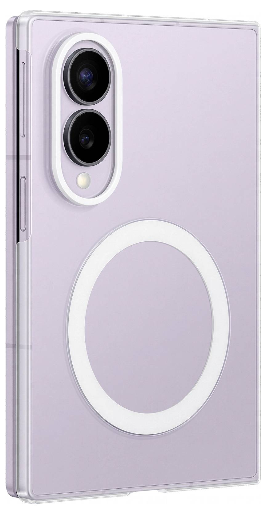 Zusammenklappbares Smartphone in Pastelllila, teilweise von hinten offen gezeigt mit Dual-Kameras und einem großen kreisförmigen kabellosen Ladering.