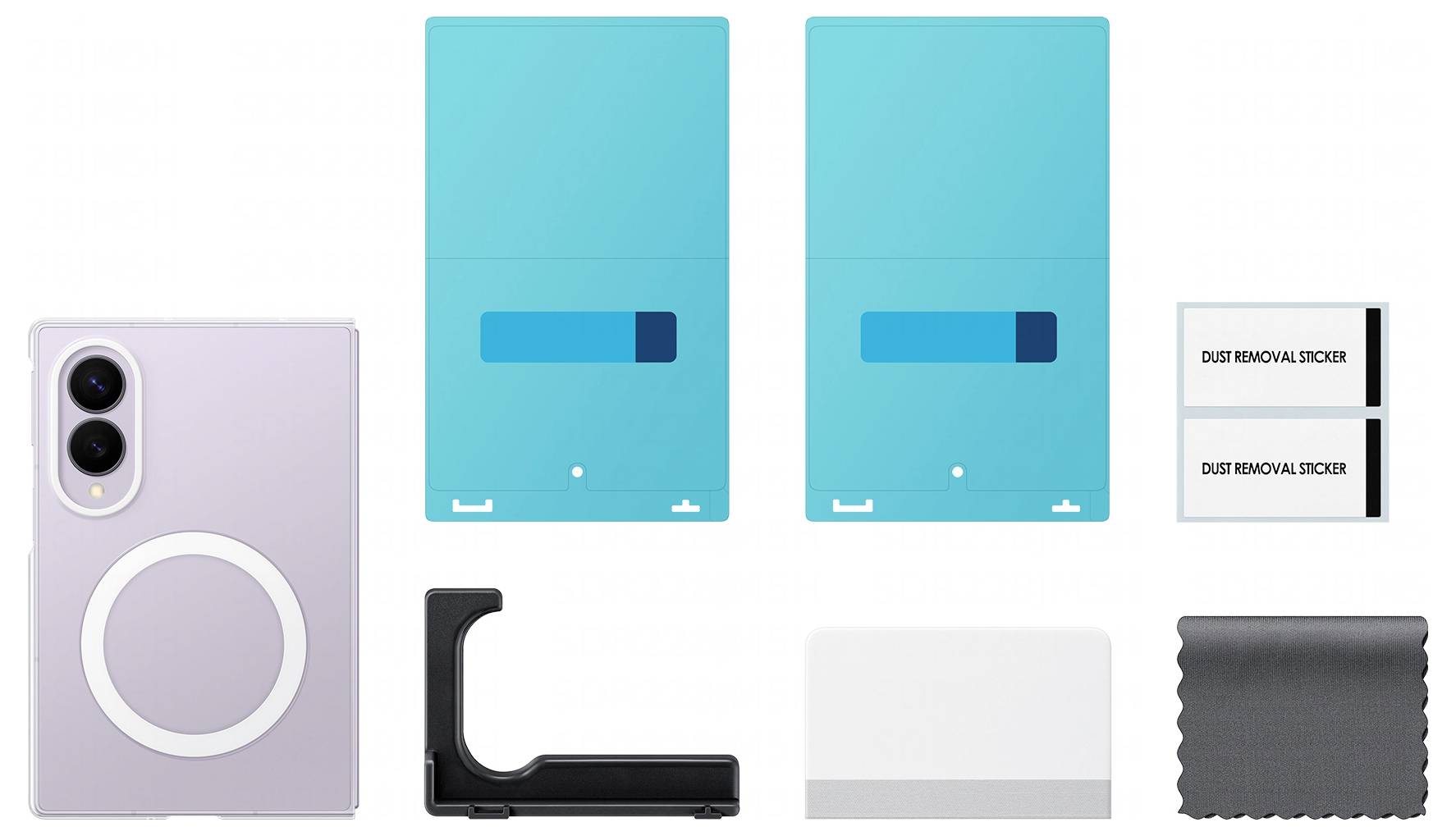 Smartphone-Displayschutzset mit Kameraobjektivschutz, Installationswerkzeugen, Staubentfernungsstickern und Reinigungstuch.