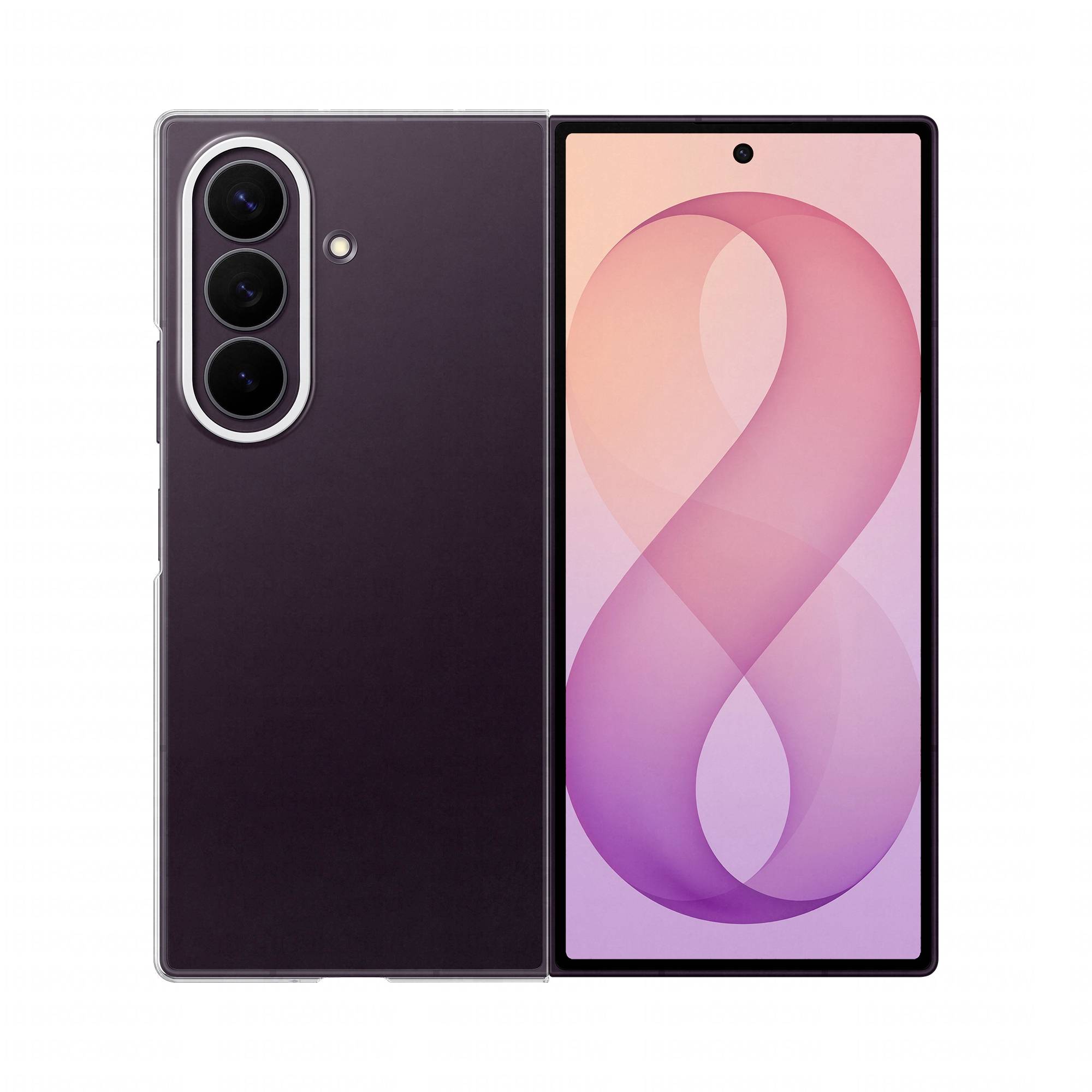 Vorder- und Rückseite eines violetten Smartphones mit Triple-Rückfahrkamera und rosa abstraktem Hintergrundbild auf dem Bildschirm.