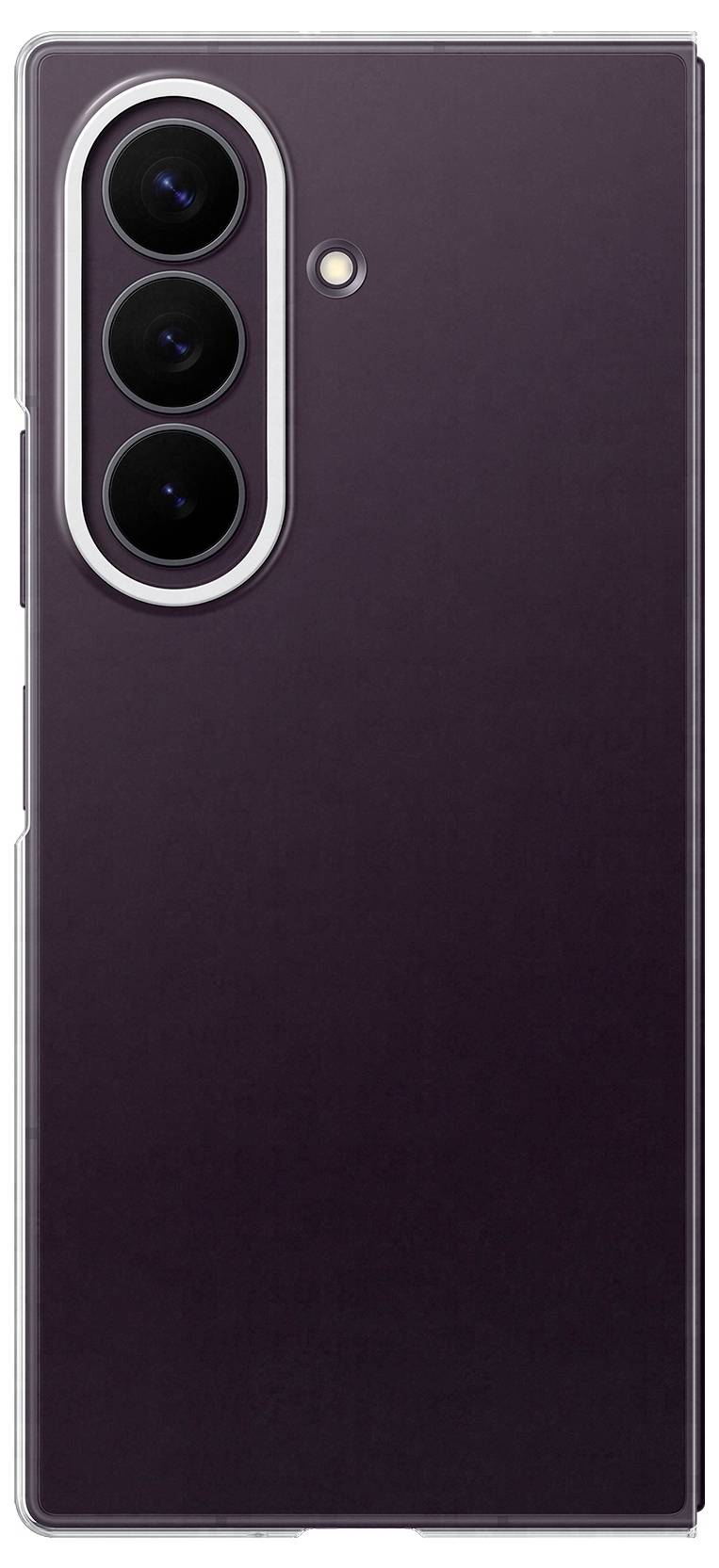 Rückseite eines lila Smartphones mit drei vertikal ausgerichteten rückwärtigen Kameras und einem Blitz in der oberen linken Ecke.