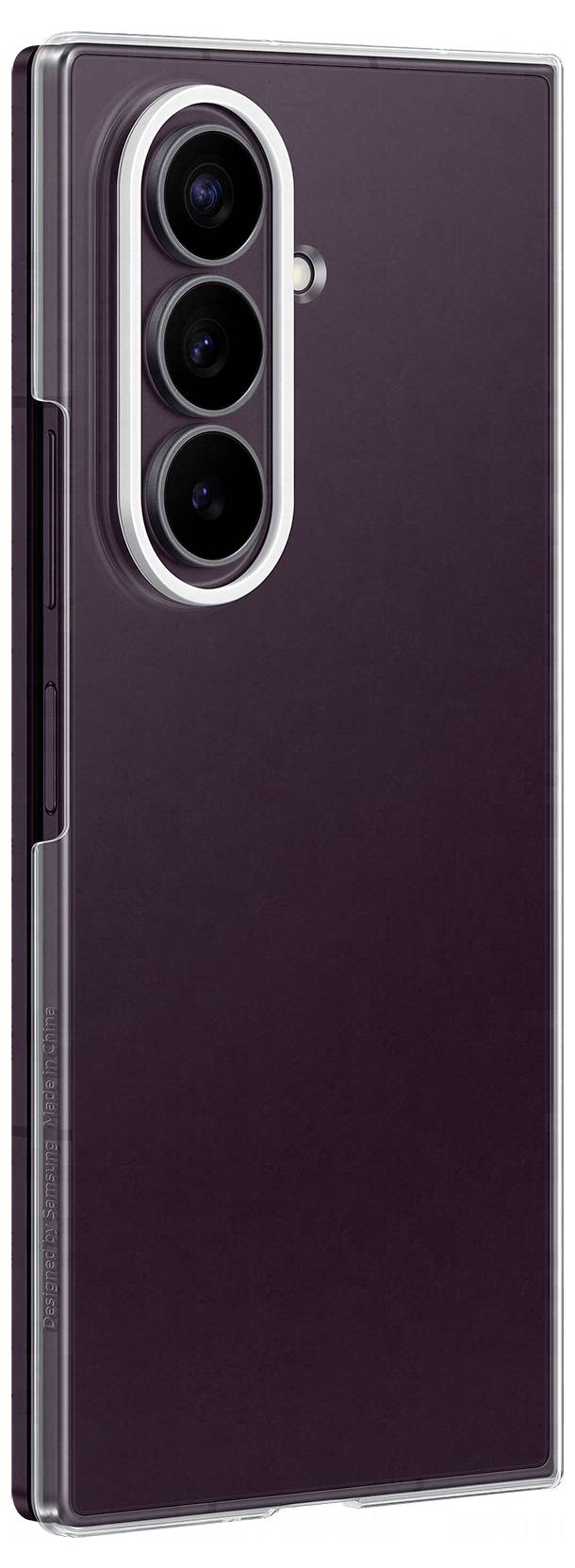 Geschlossenes violettes faltbares Smartphone, das teilweise offen gezeigt wird und das Triple-Kamerasystem auf der Rückseite hervorhebt.