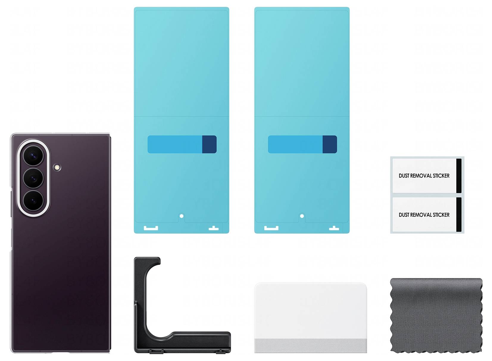 Smartphone-Displayschutz-Set mit einem Telefon, zwei blauen Schutzfolien, Staubentfernungsstickern, einem Anwendungswerkzeug, einer Karte und einem Reinigungstuch.