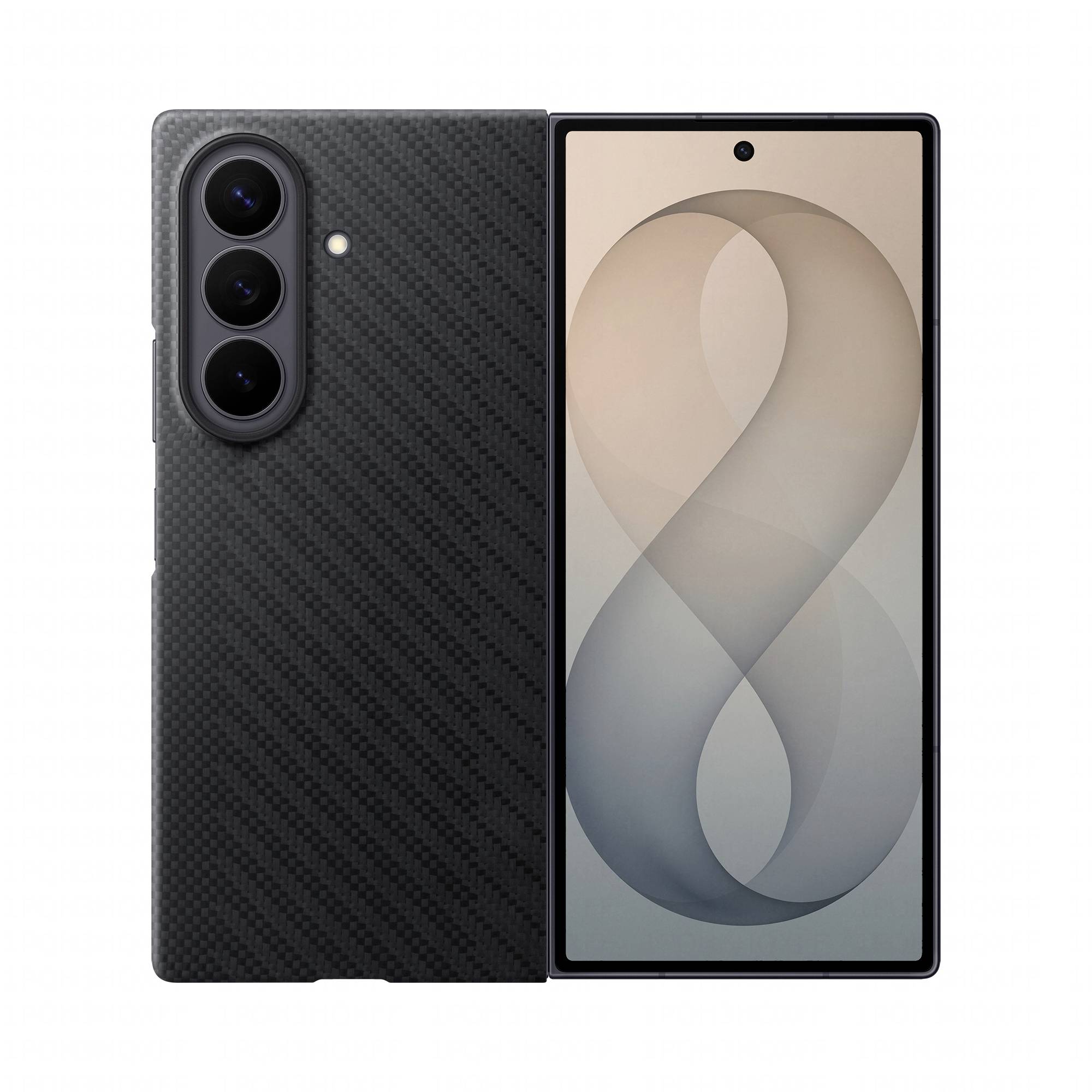 Vorder- und Rückansicht eines schwarzen Smartphones mit einer dreifachen Rückfahrkamera und einem beigen abstrakten Hintergrund auf dem Bildschirm.