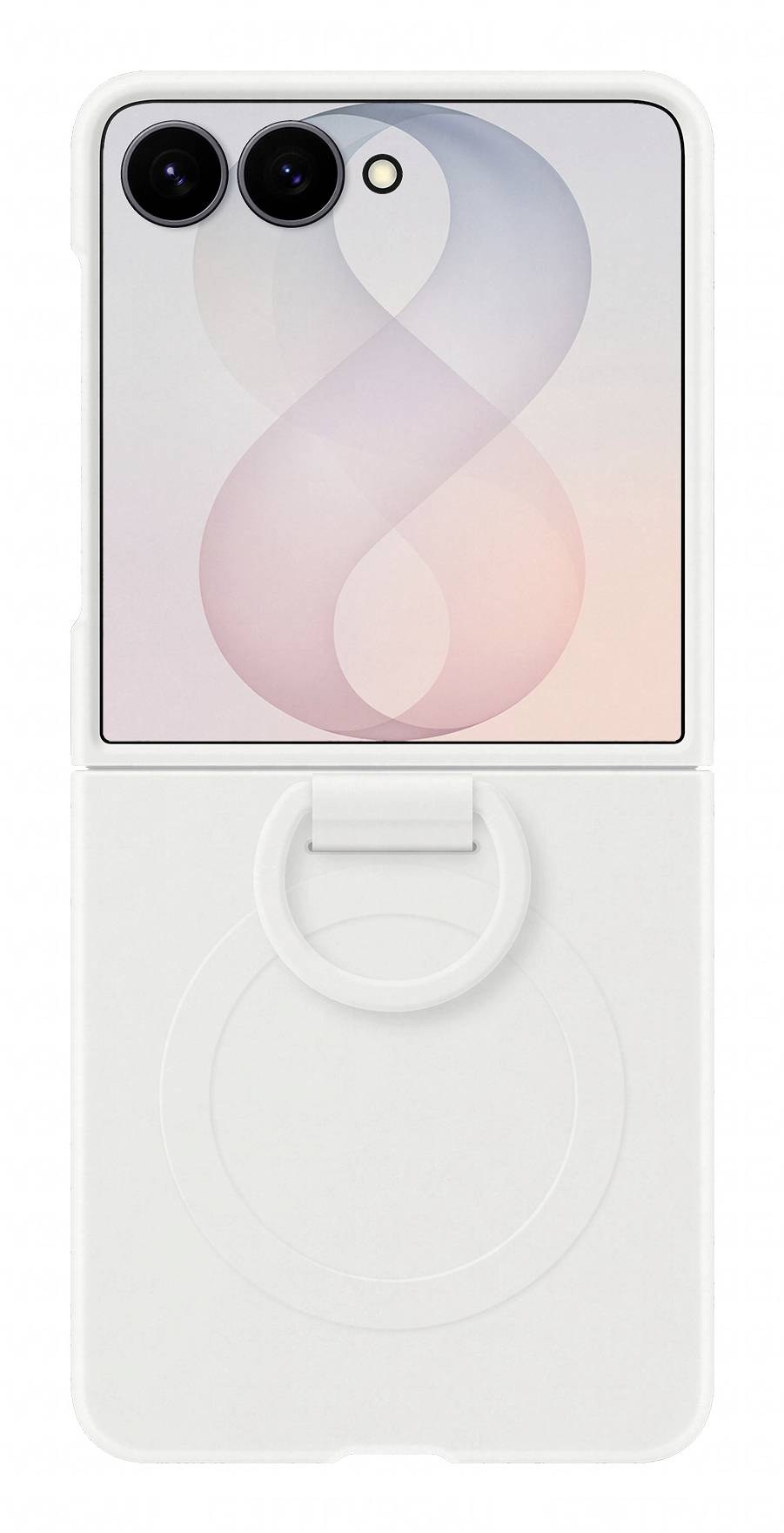Ein weißes klappbares Smartphone, das offen angezeigt wird, mit Dual-Rückkameras und einer pastellfarbenen bandartig strukturierten Grafik auf dem Bildschirm, in einem weißen Gehäuse mit einem runden Ständer.