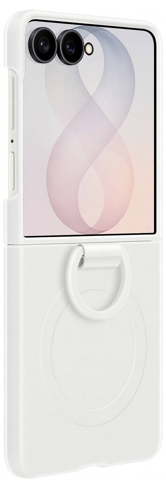 Weiße Smartphone-Hülle mit integriertem MagSafe-Ring und großem Ausschnitt, der die dualen rückseitigen Kameras des Telefons und das pastellfarbene Displaydesign zeigt.