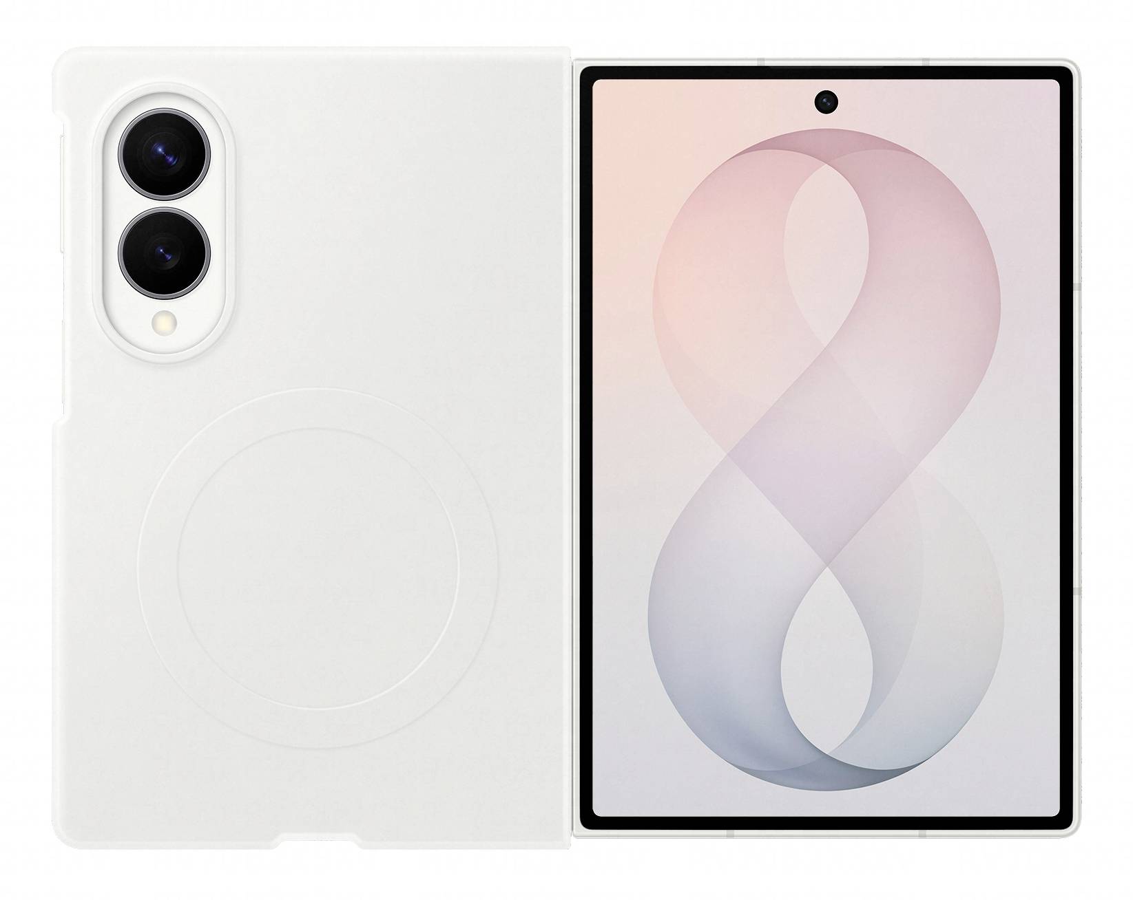 Weißes Smartphone von vorne und hinten gezeigt, mit dualen rückseitigen Kameras und einem pastellfarbenen abstrakten Hintergrundbild auf dem Display.