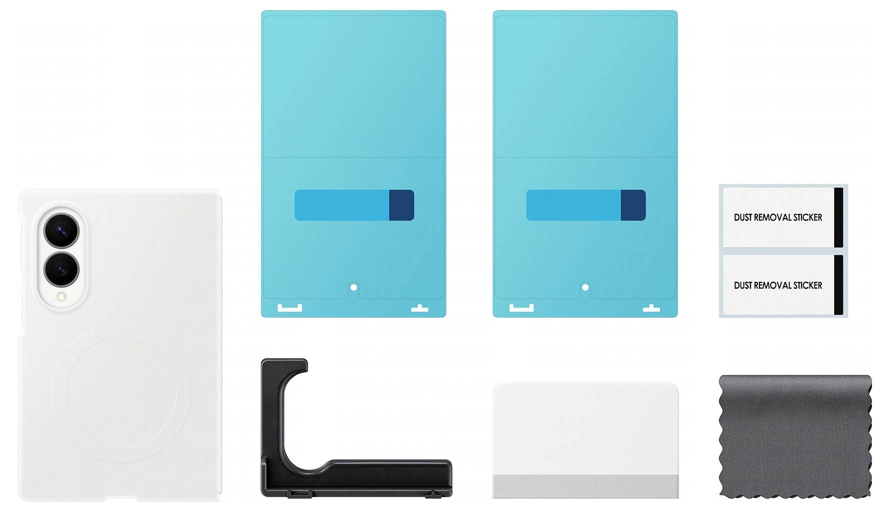 Ein Displayschutzfolien-Set für Telefone mit zwei blauen Installationsschalen, einer weißen Handyhülle, einem schwarzen Ausrichtungsrahmen, einer Staubentfernungssticker-Karte, einer weißen Karte und einem Reinigungstuch.