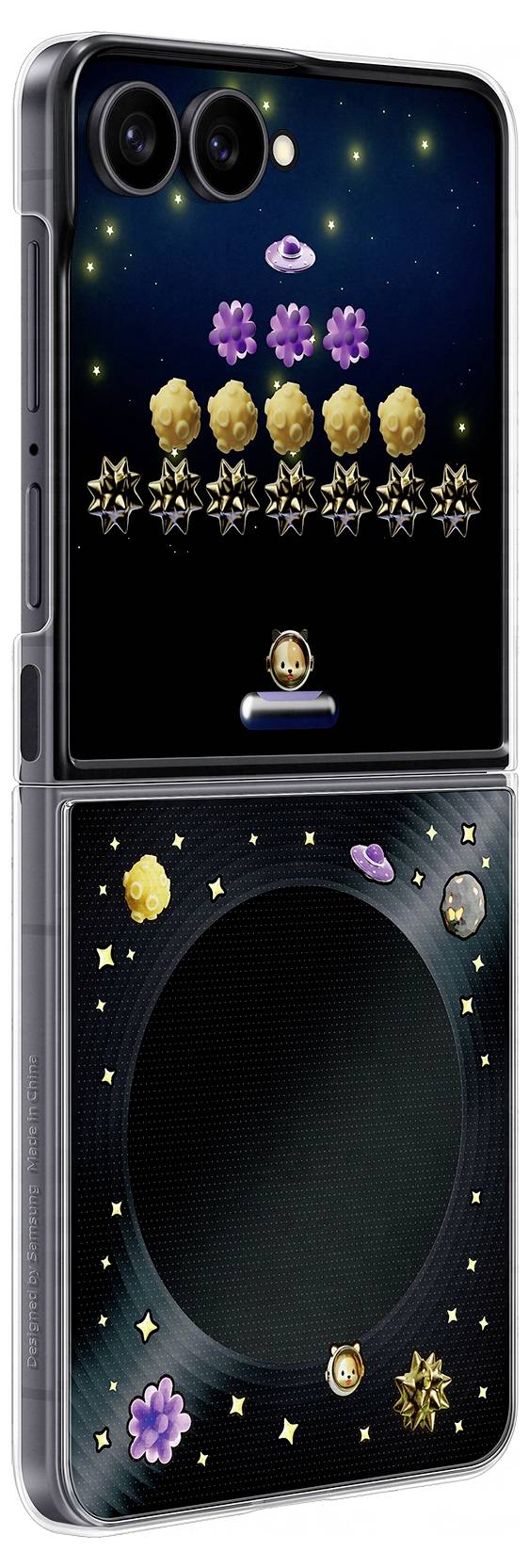 Faltbares Telefon, offen und geschlossen gezeigt, mit einer dunkelweltraum-thematisierten Hülle, die mit Pixel-Art-Pilzen, Sternen, Planeten und kleinen Charakterikonen verziert ist.