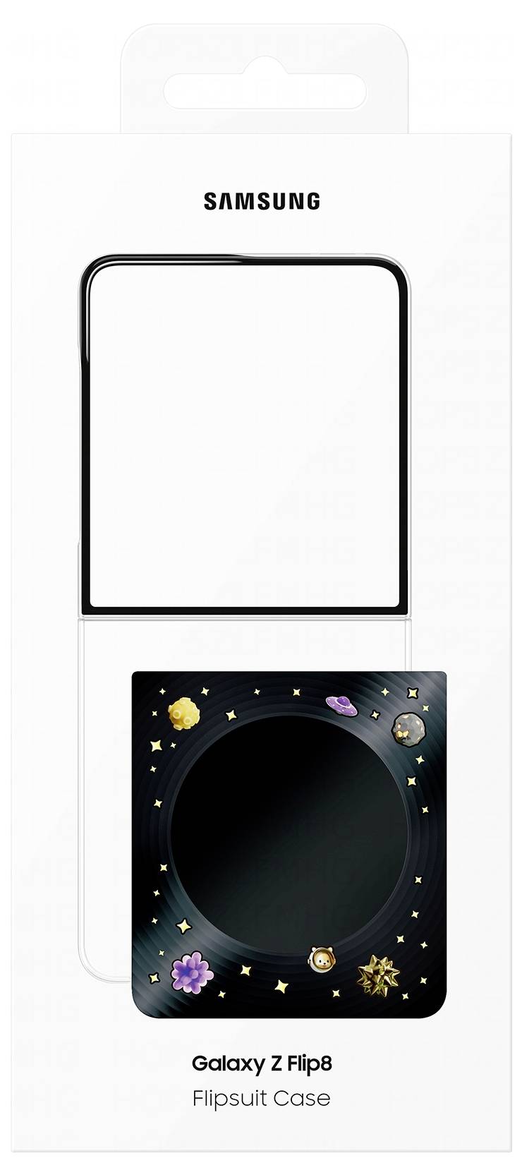 Samsung Galaxy Z Flip8 Flipsuit-Schutzhülle mit schwarzer Sternenhimmel-Kartengrafik und leerem kreisförmigem Mittelausschnitt.