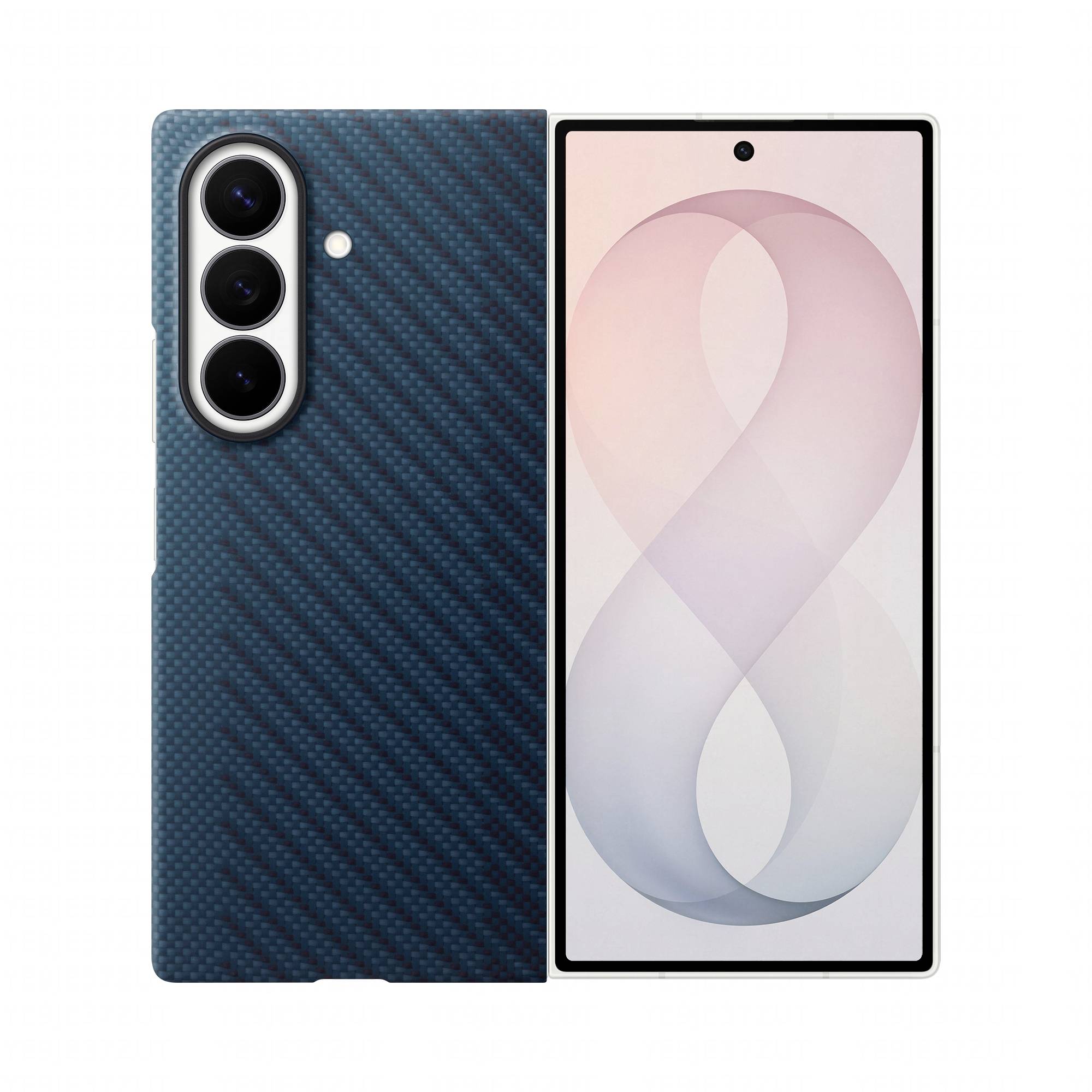Vorder- und Rückseite eines Smartphones mit blauem strukturiertem Gehäuse, dreifacher Rückfahrkamera und rosafarbenem abstraktem Hintergrundbild auf dem Display.