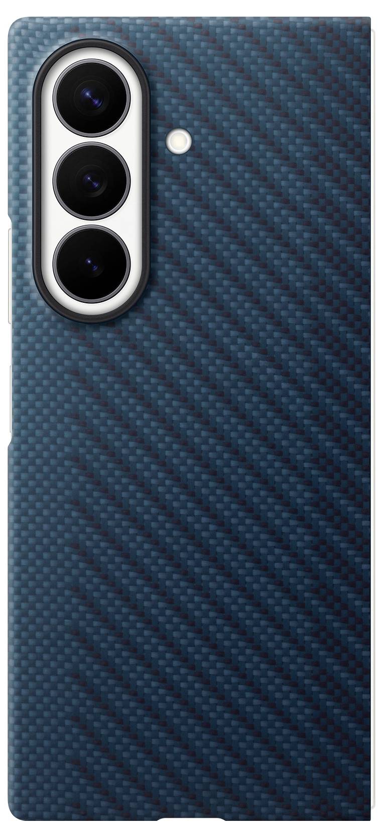 Rückansicht eines Smartphones mit einer blauen Kohlefaser-texturierten Schutzhülle und dreifachem Kameraausschnitt auf der Rückseite.